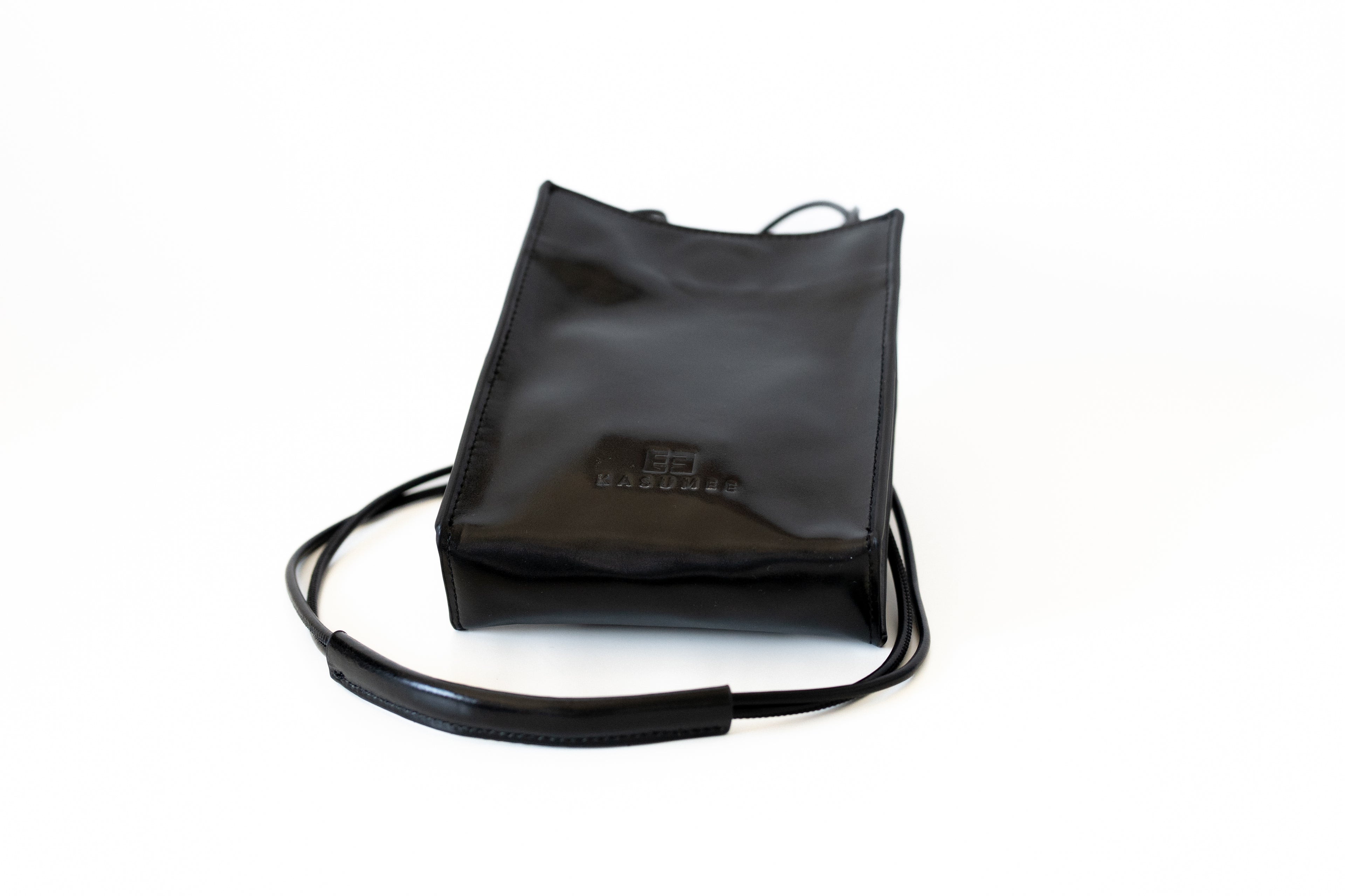 Black Glossy Leather Phone Bag - Minimalist Crossbody