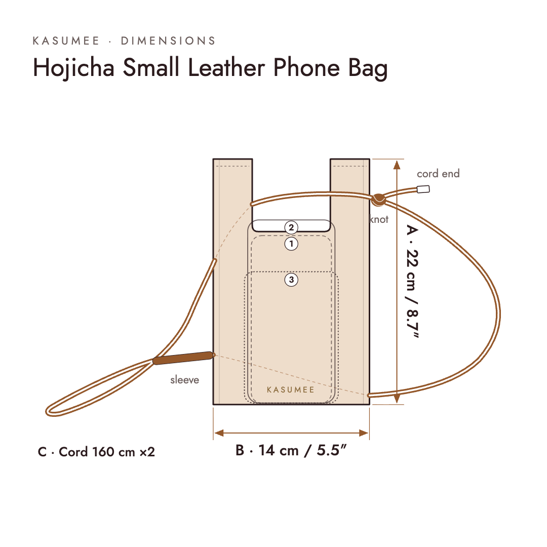 A dimension diagram for the Kasumee Hojicha Small Leather Phone Bag, showing measurements for the sleeve (B = 14 cm / 5.5"), cord length (A = 22 cm / 8.