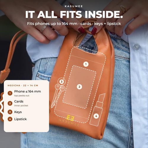 Woman holding the caramel Kasumee Hojicha phone bag; outlines show a 164 mm phone peeking out, cards, keys and lipstick inside
