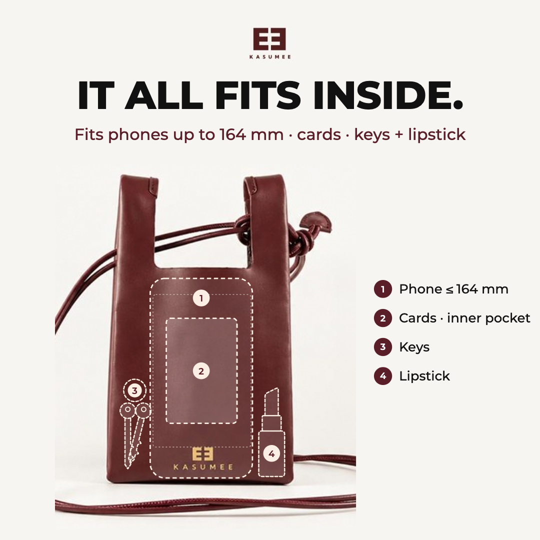 Burgundy Kasumee Shiso phone bag with outlines showing a phone up to 164 mm, cards in the inner pocket, keys and lipstick inside